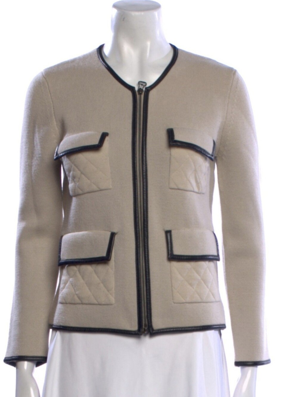 3.1 Phillip Lim Beige Quilted Pocket Zip Front Jacket w/ Black Leather Trim Sz S